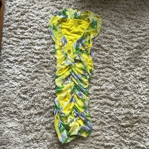 Zara- Floral Mesh Ruched Mini Dress- Yellow/Purple/Green